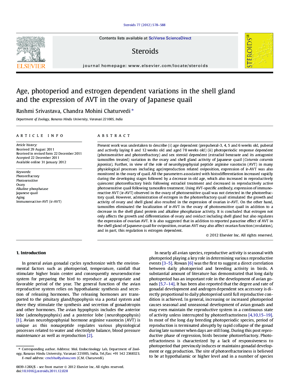 Age, photoperiod and estrogen dependent variations in the shell gland and the expression of AVT in the ovary of Japanese quail