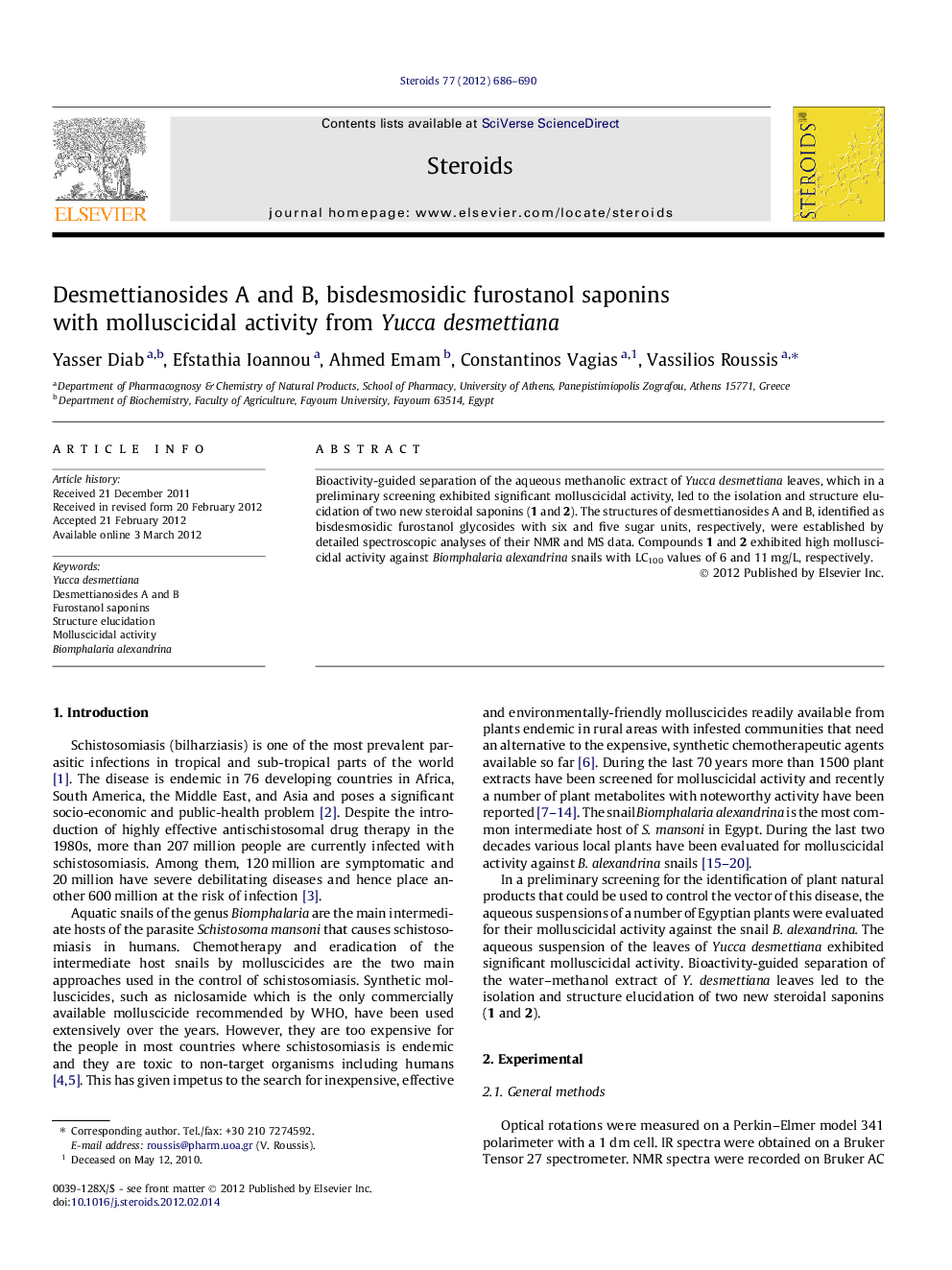 Desmettianosides A and B, bisdesmosidic furostanol saponins with molluscicidal activity from Yucca desmettiana