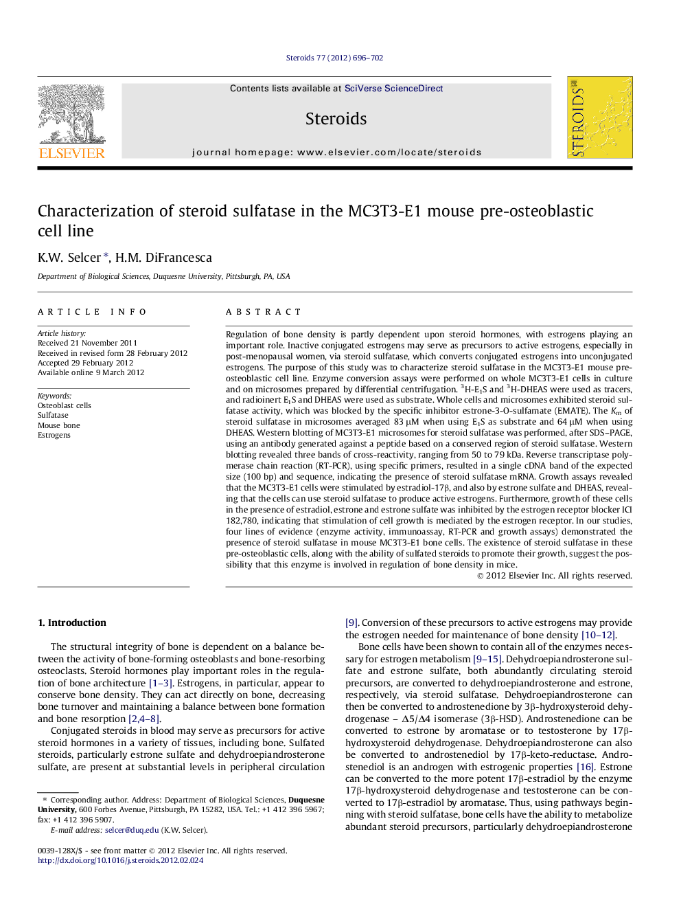 Characterization of steroid sulfatase in the MC3T3-E1 mouse pre-osteoblastic cell line