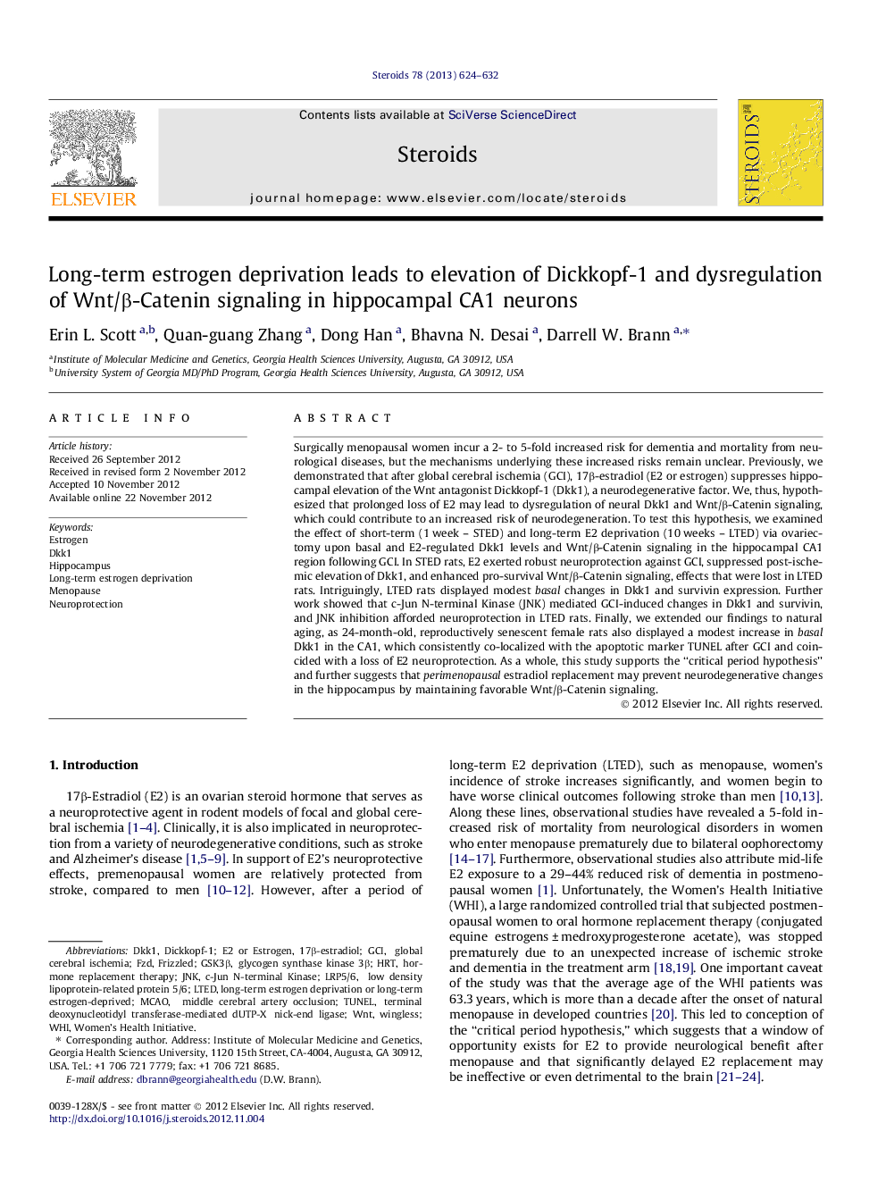 Long-term estrogen deprivation leads to elevation of Dickkopf-1 and dysregulation of Wnt/β-Catenin signaling in hippocampal CA1 neurons