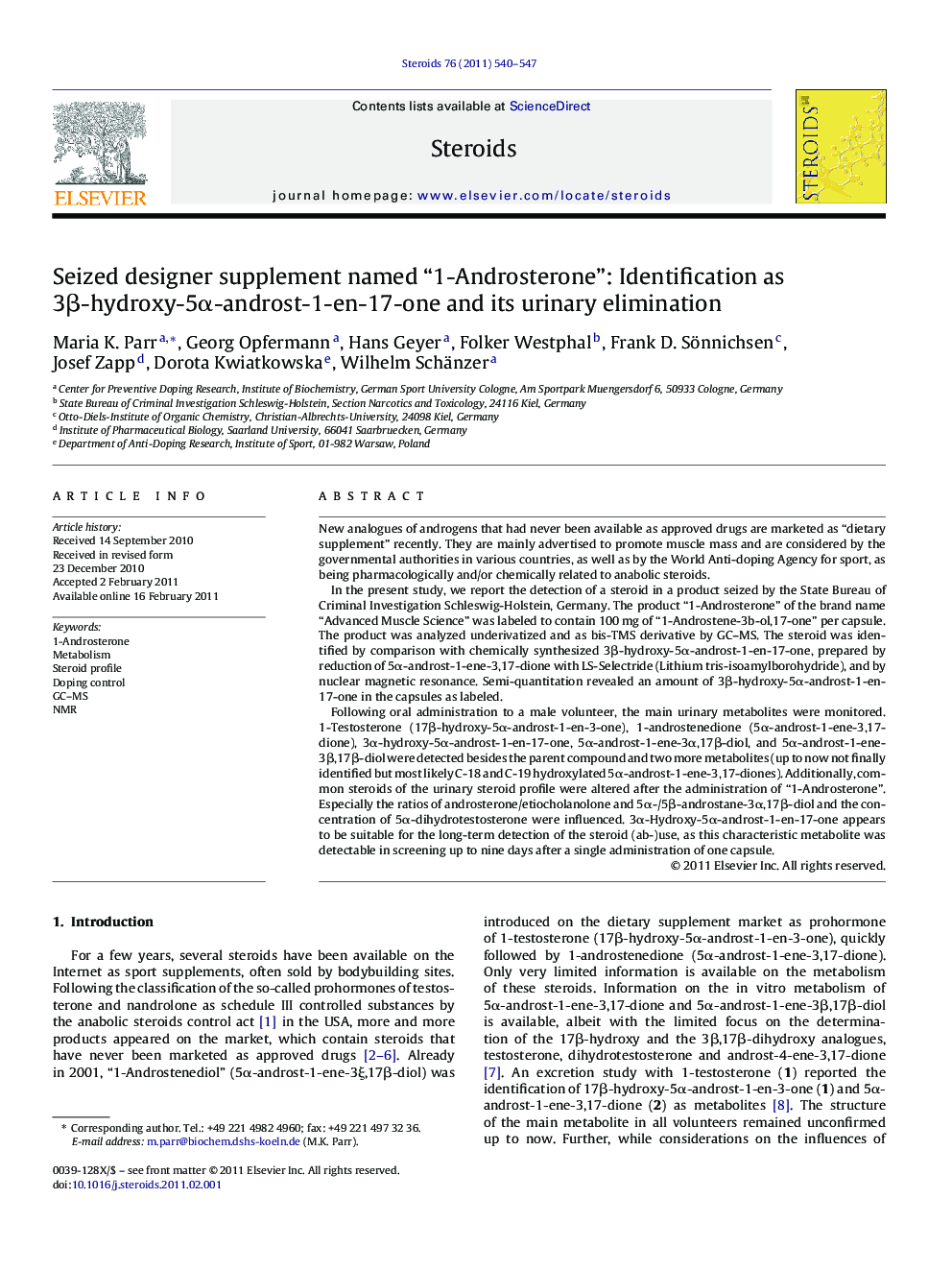 Seized designer supplement named “1-Androsterone”: Identification as 3β-hydroxy-5α-androst-1-en-17-one and its urinary elimination