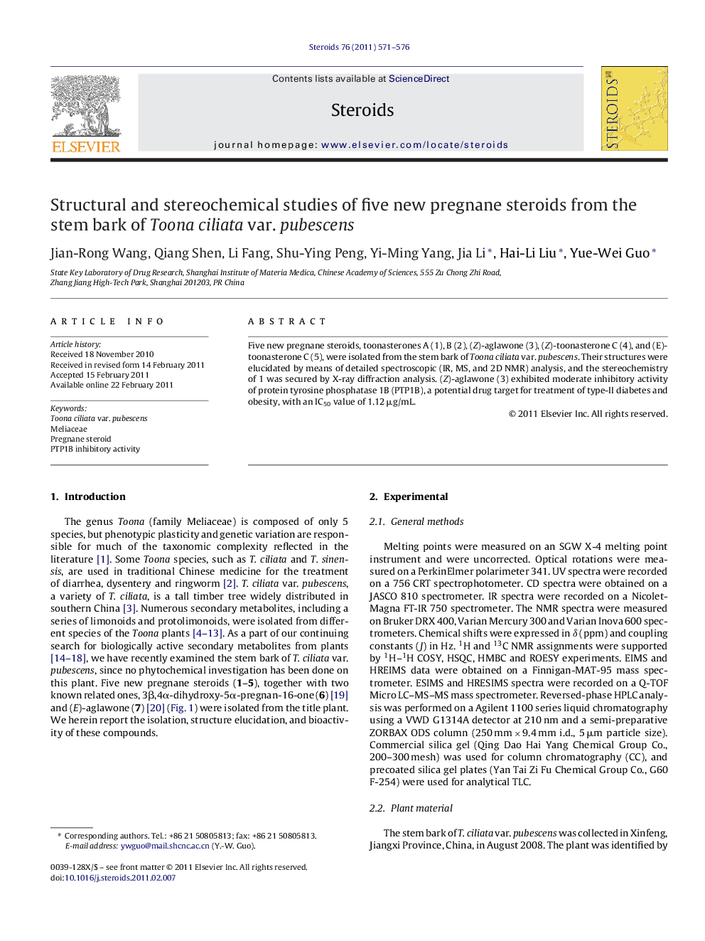 Structural and stereochemical studies of five new pregnane steroids from the stem bark of Toona ciliata var. pubescens