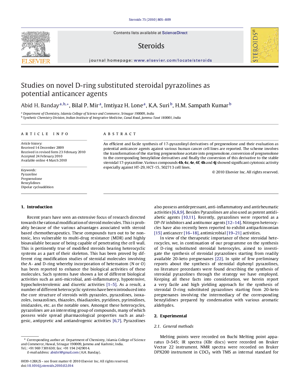 Studies on novel D-ring substituted steroidal pyrazolines as potential anticancer agents