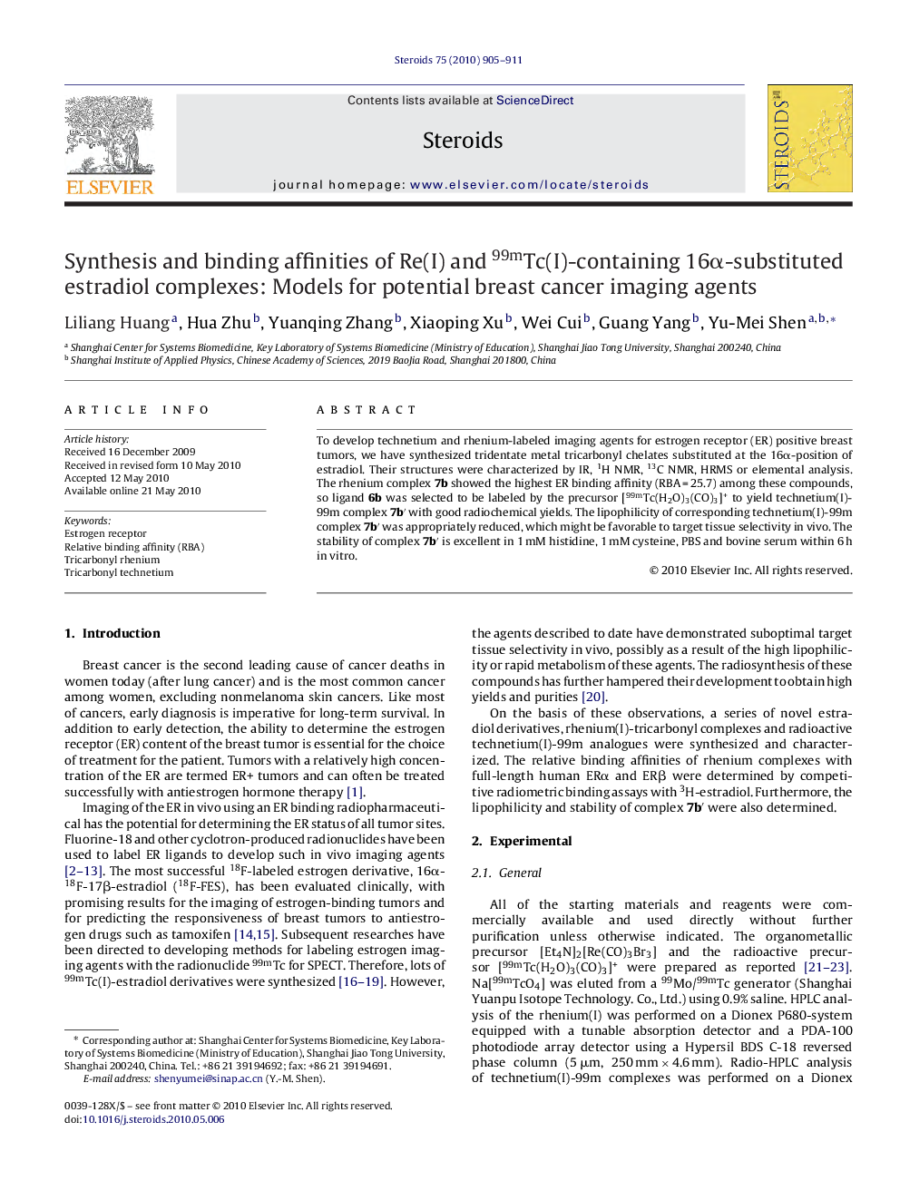 Synthesis and binding affinities of Re(I) and 99mTc(I)-containing 16α-substituted estradiol complexes: Models for potential breast cancer imaging agents