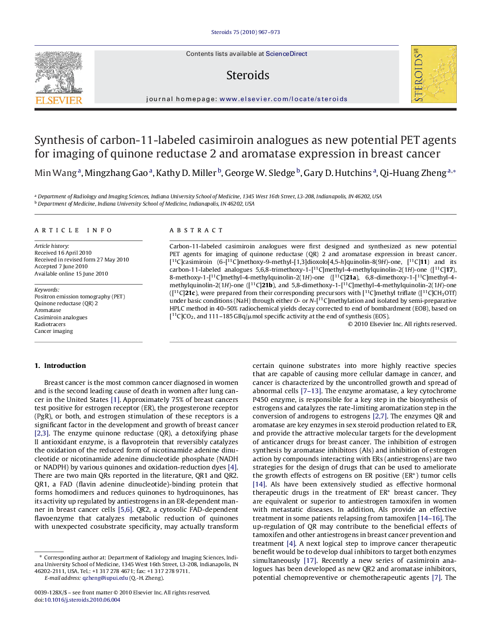 Synthesis of carbon-11-labeled casimiroin analogues as new potential PET agents for imaging of quinone reductase 2 and aromatase expression in breast cancer