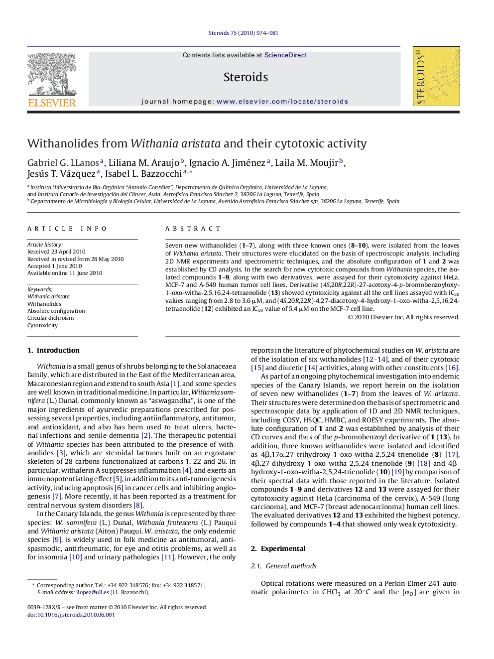 Withanolides from Withania aristata and their cytotoxic activity