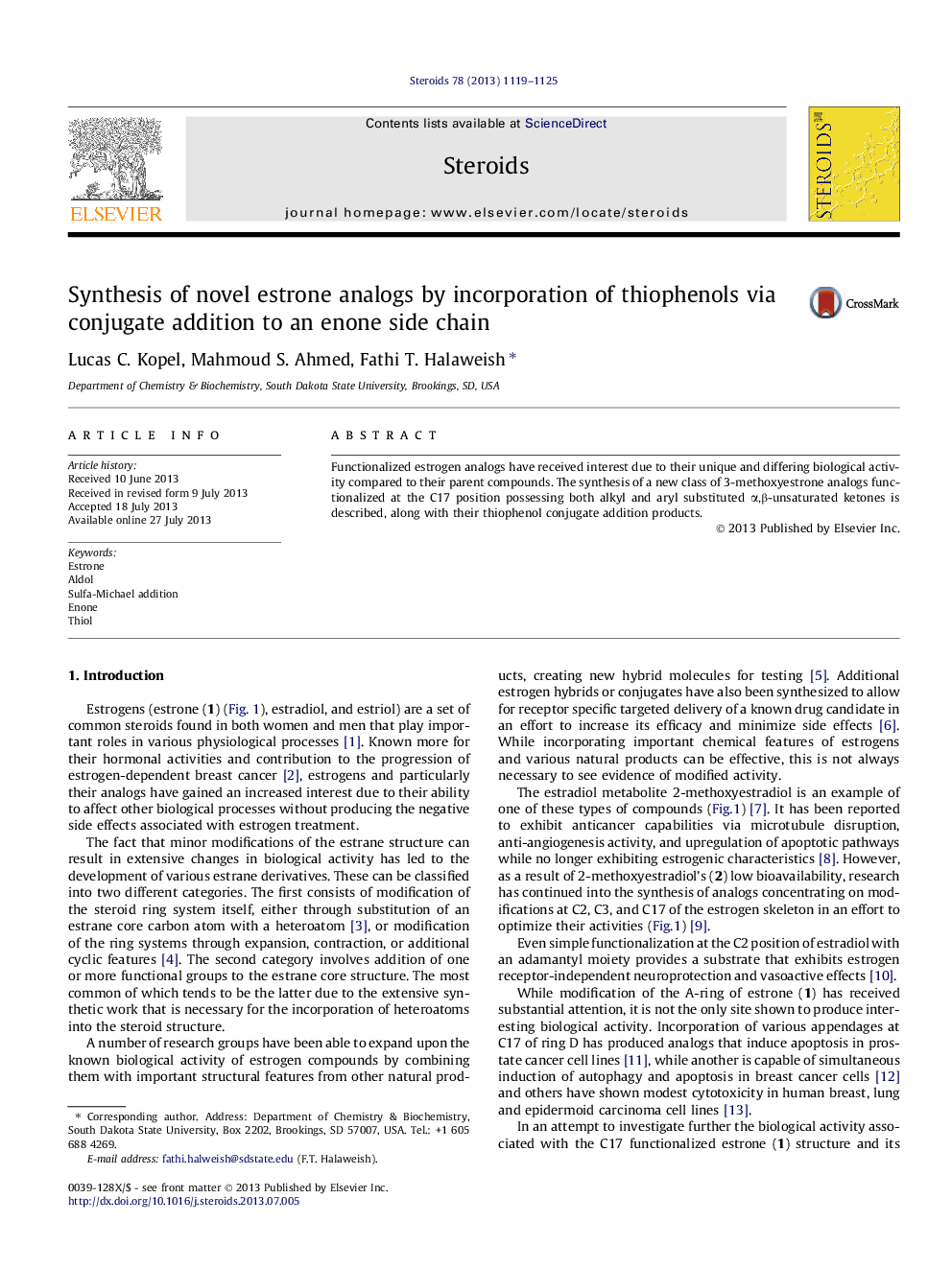 Synthesis of novel estrone analogs by incorporation of thiophenols via conjugate addition to an enone side chain