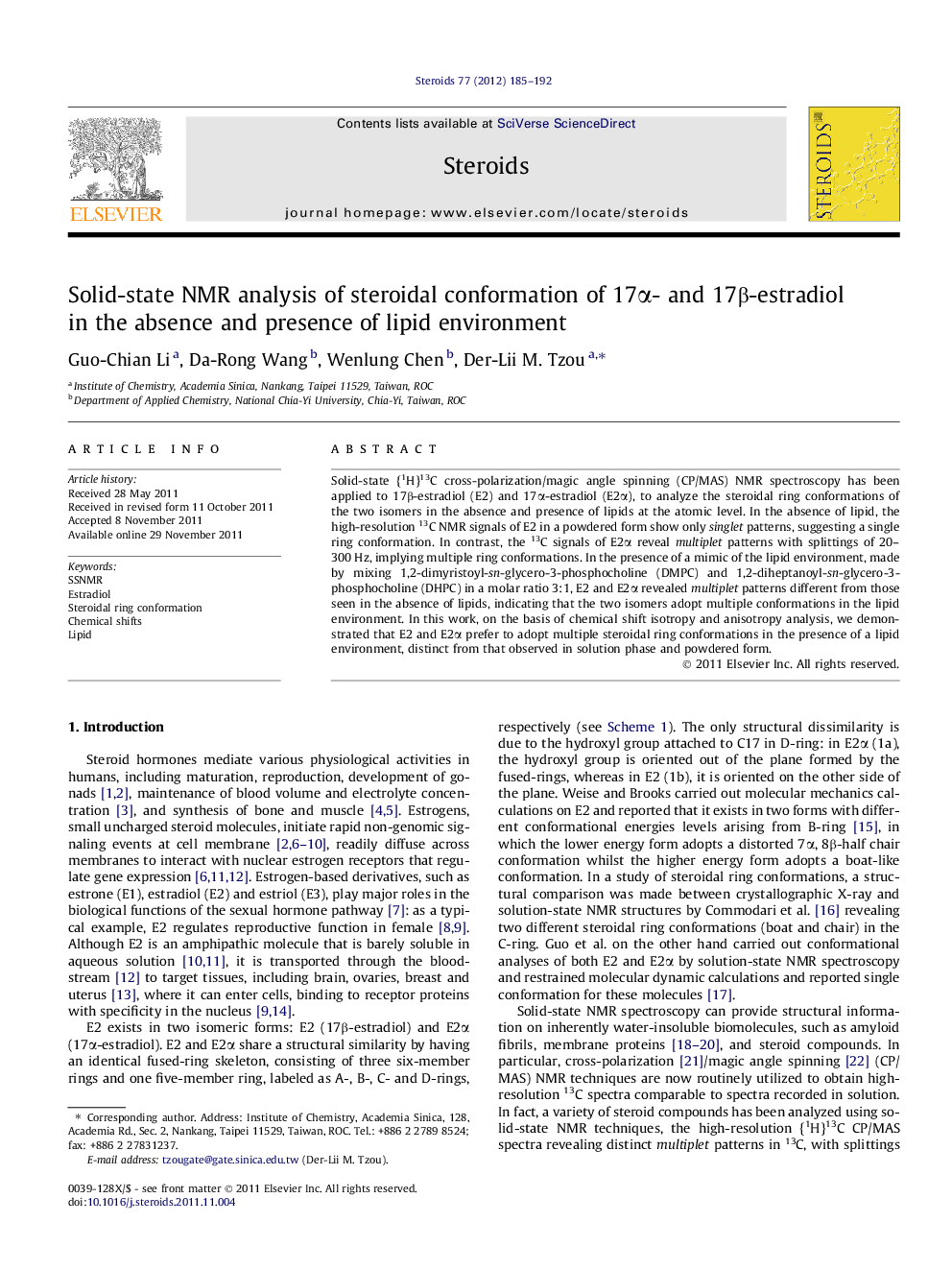 Solid-state NMR analysis of steroidal conformation of 17α- and 17β-estradiol in the absence and presence of lipid environment