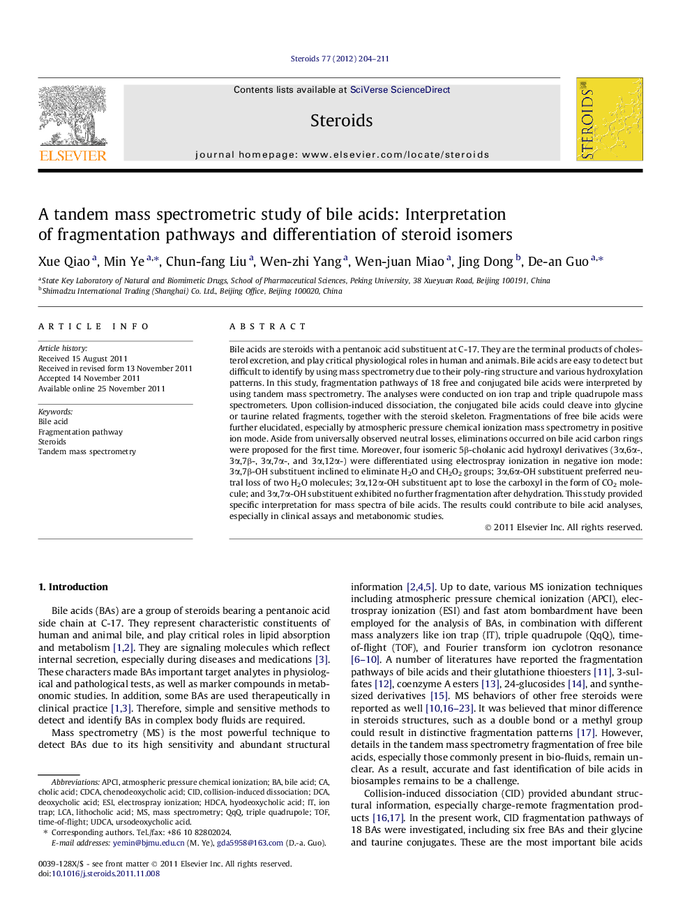 A tandem mass spectrometric study of bile acids: Interpretation of fragmentation pathways and differentiation of steroid isomers