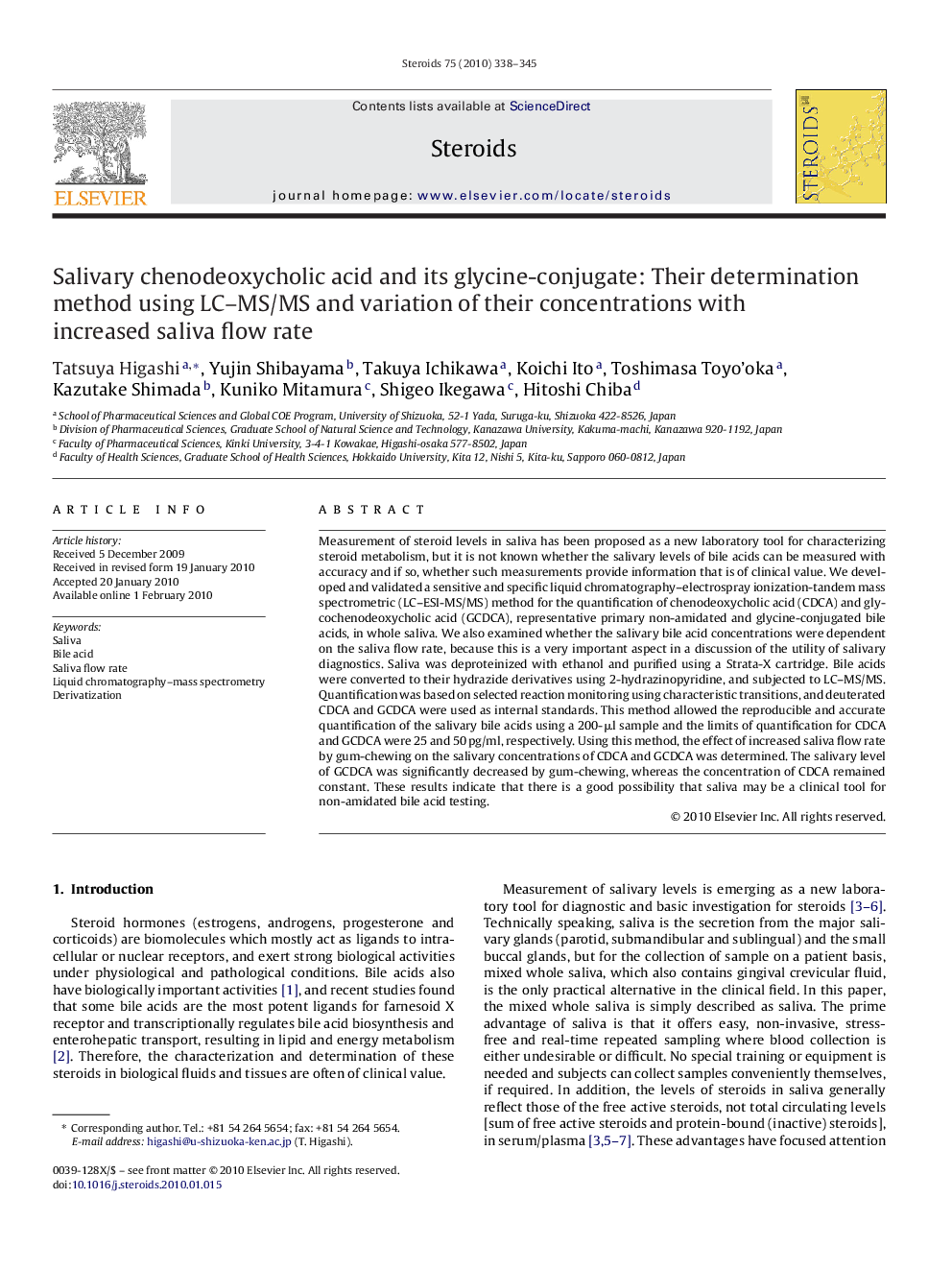 Salivary chenodeoxycholic acid and its glycine-conjugate: Their determination method using LC–MS/MS and variation of their concentrations with increased saliva flow rate