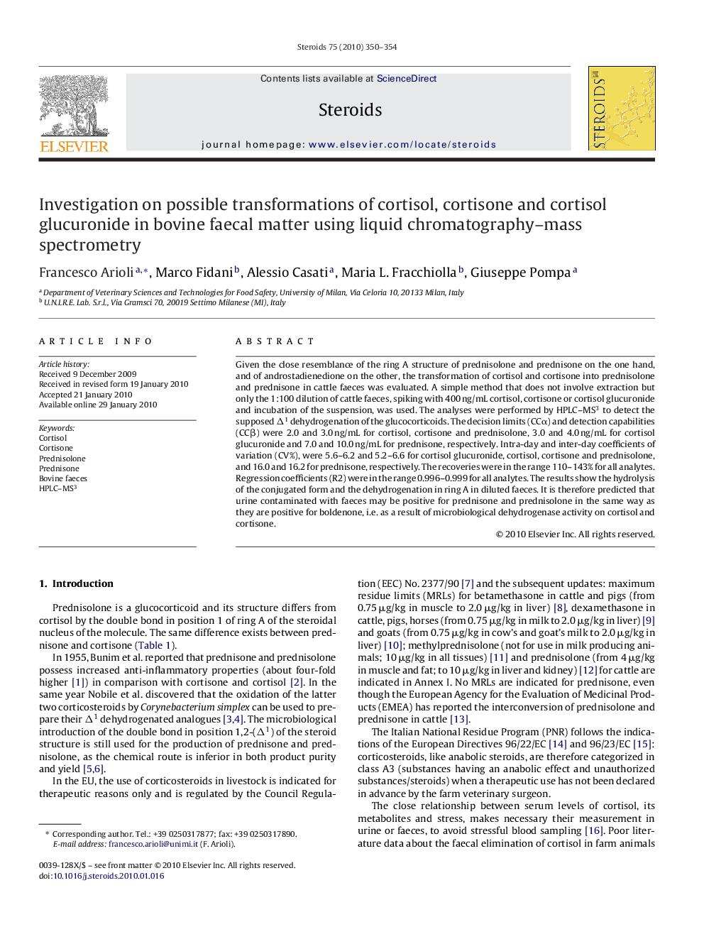 Investigation on possible transformations of cortisol, cortisone and cortisol glucuronide in bovine faecal matter using liquid chromatography–mass spectrometry