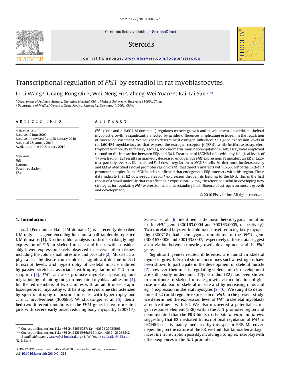 Transcriptional regulation of Fhl1 by estradiol in rat myoblastocytes