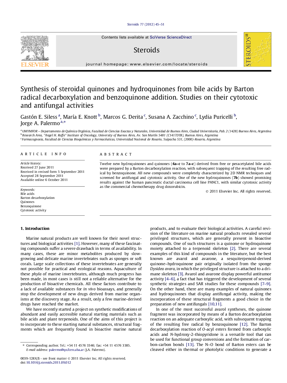 Synthesis of steroidal quinones and hydroquinones from bile acids by Barton radical decarboxylation and benzoquinone addition. Studies on their cytotoxic and antifungal activities