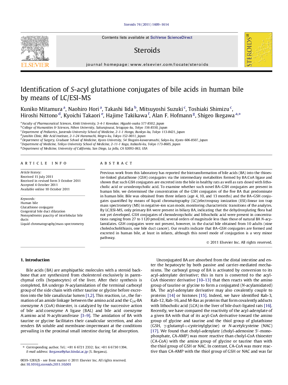 Identification of S-acyl glutathione conjugates of bile acids in human bile by means of LC/ESI-MS