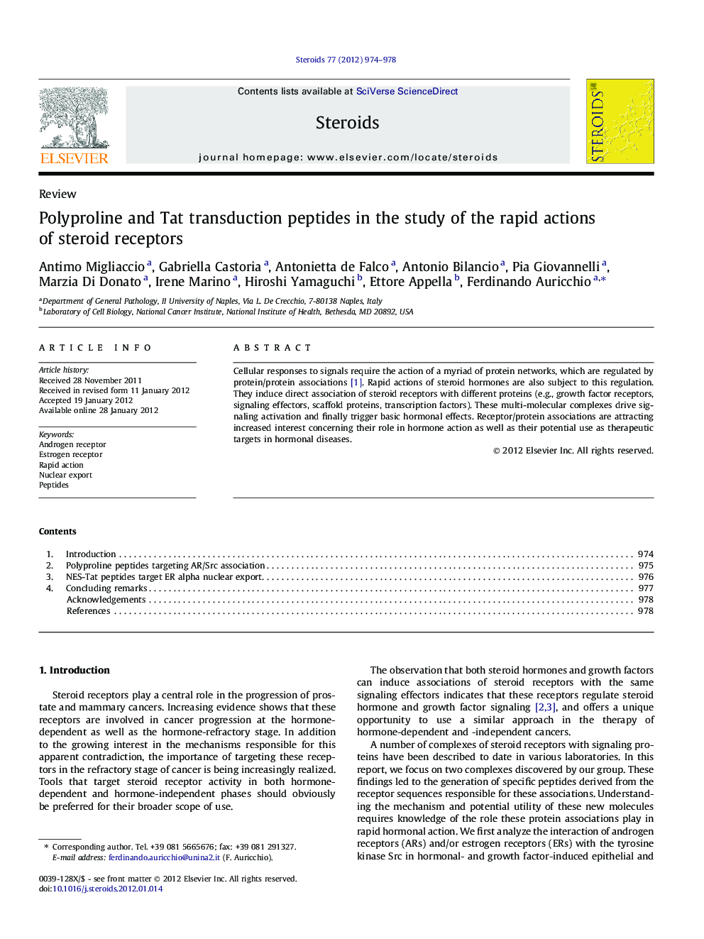 Polyproline and Tat transduction peptides in the study of the rapid actions of steroid receptors