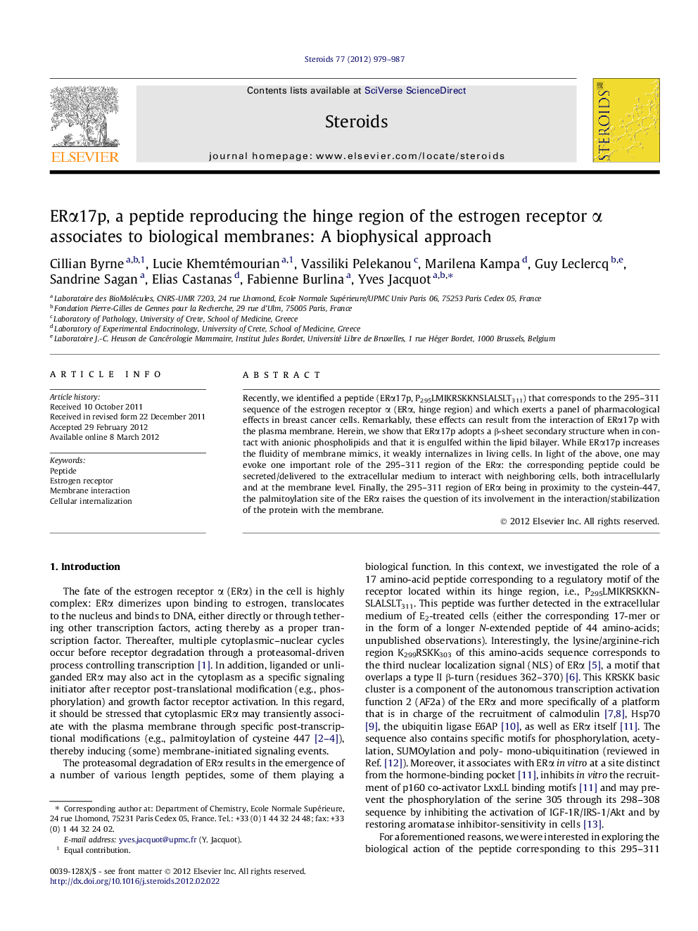 ERα17p, a peptide reproducing the hinge region of the estrogen receptor α associates to biological membranes: A biophysical approach