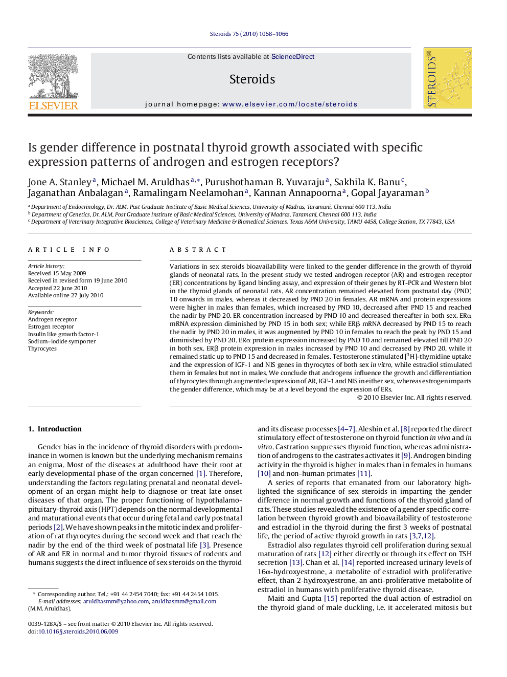 Is gender difference in postnatal thyroid growth associated with specific expression patterns of androgen and estrogen receptors?