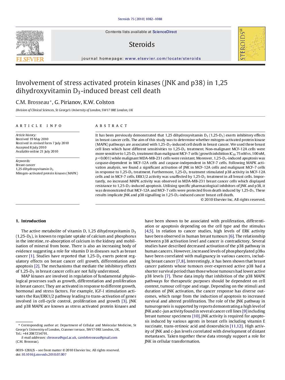 Involvement of stress activated protein kinases (JNK and p38) in 1,25 dihydroxyvitamin D3-induced breast cell death