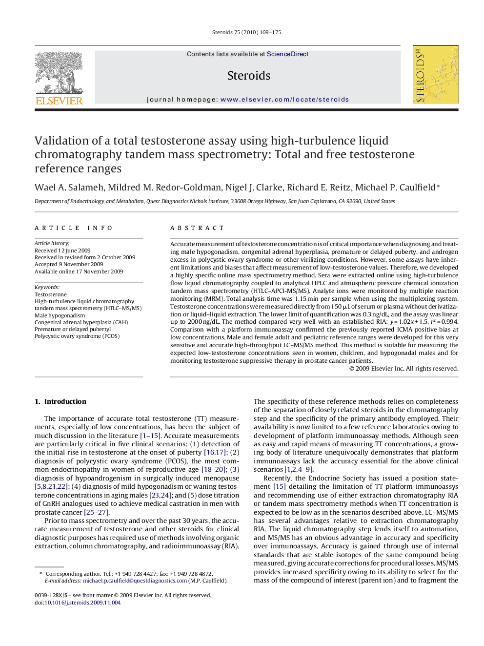 Validation of a total testosterone assay using high-turbulence liquid chromatography tandem mass spectrometry: Total and free testosterone reference ranges