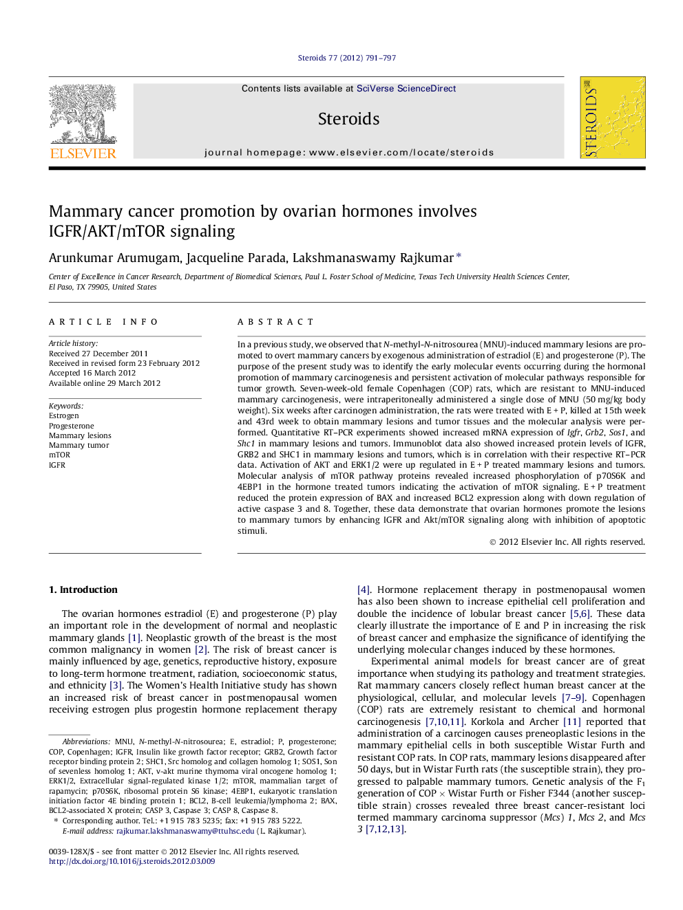 Mammary cancer promotion by ovarian hormones involves IGFR/AKT/mTOR signaling