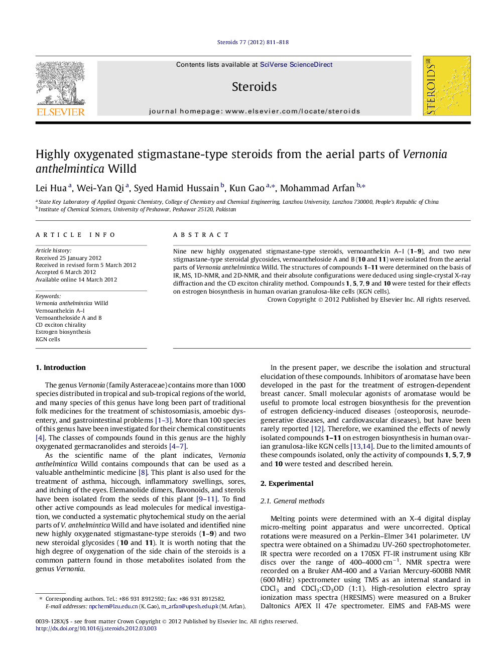 Highly oxygenated stigmastane-type steroids from the aerial parts of Vernonia anthelmintica Willd