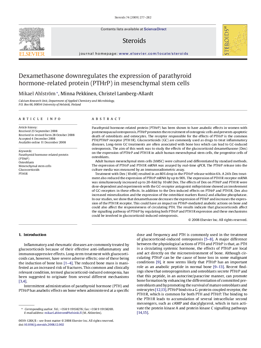 Dexamethasone downregulates the expression of parathyroid hormone-related protein (PTHrP) in mesenchymal stem cells