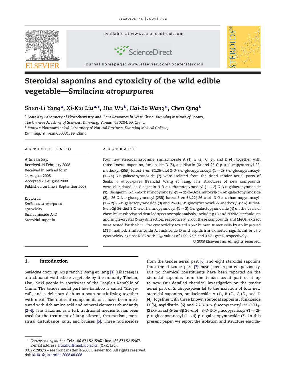 Steroidal saponins and cytoxicity of the wild edible vegetable—Smilacina atropurpurea