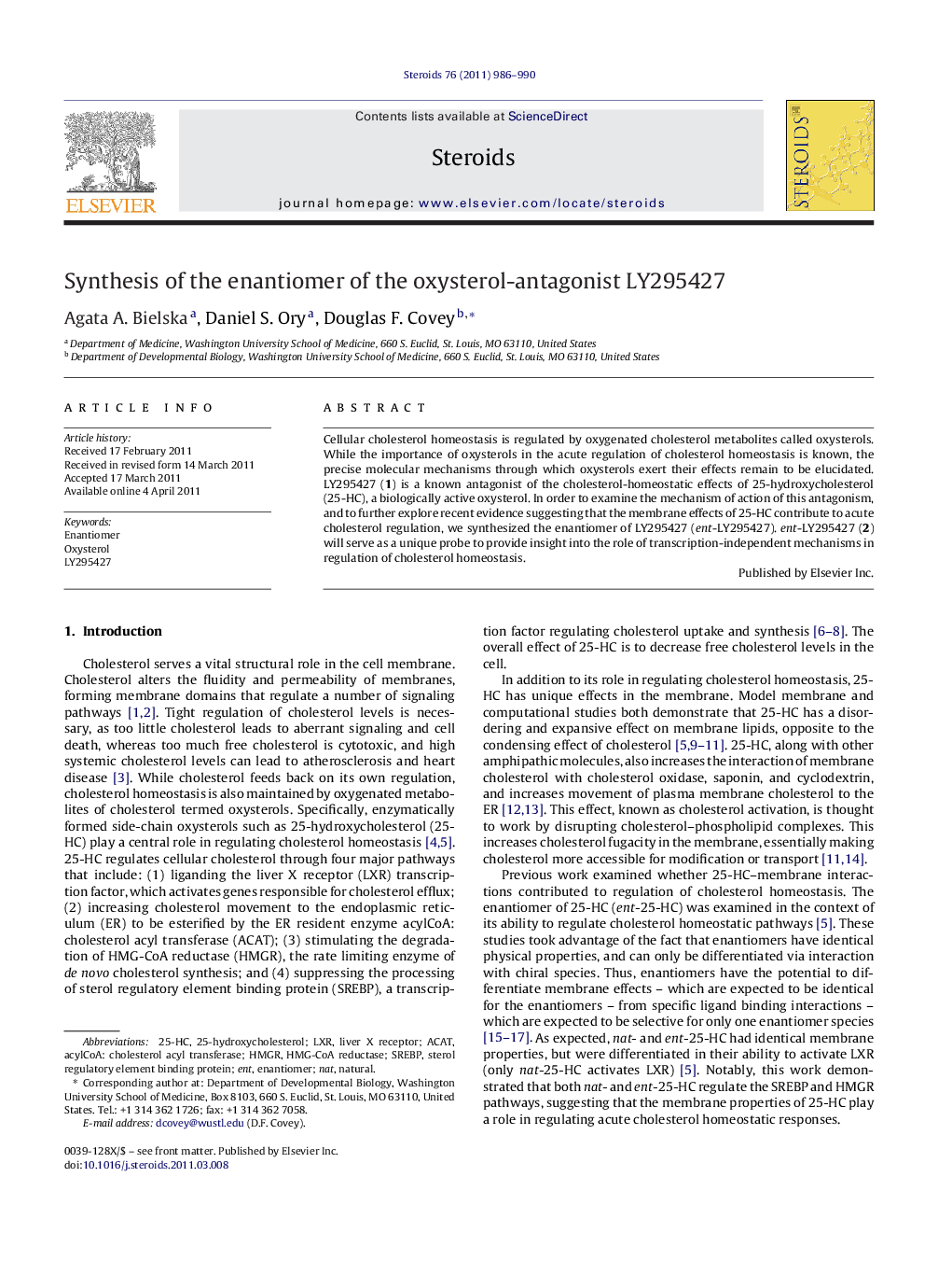 Synthesis of the enantiomer of the oxysterol-antagonist LY295427