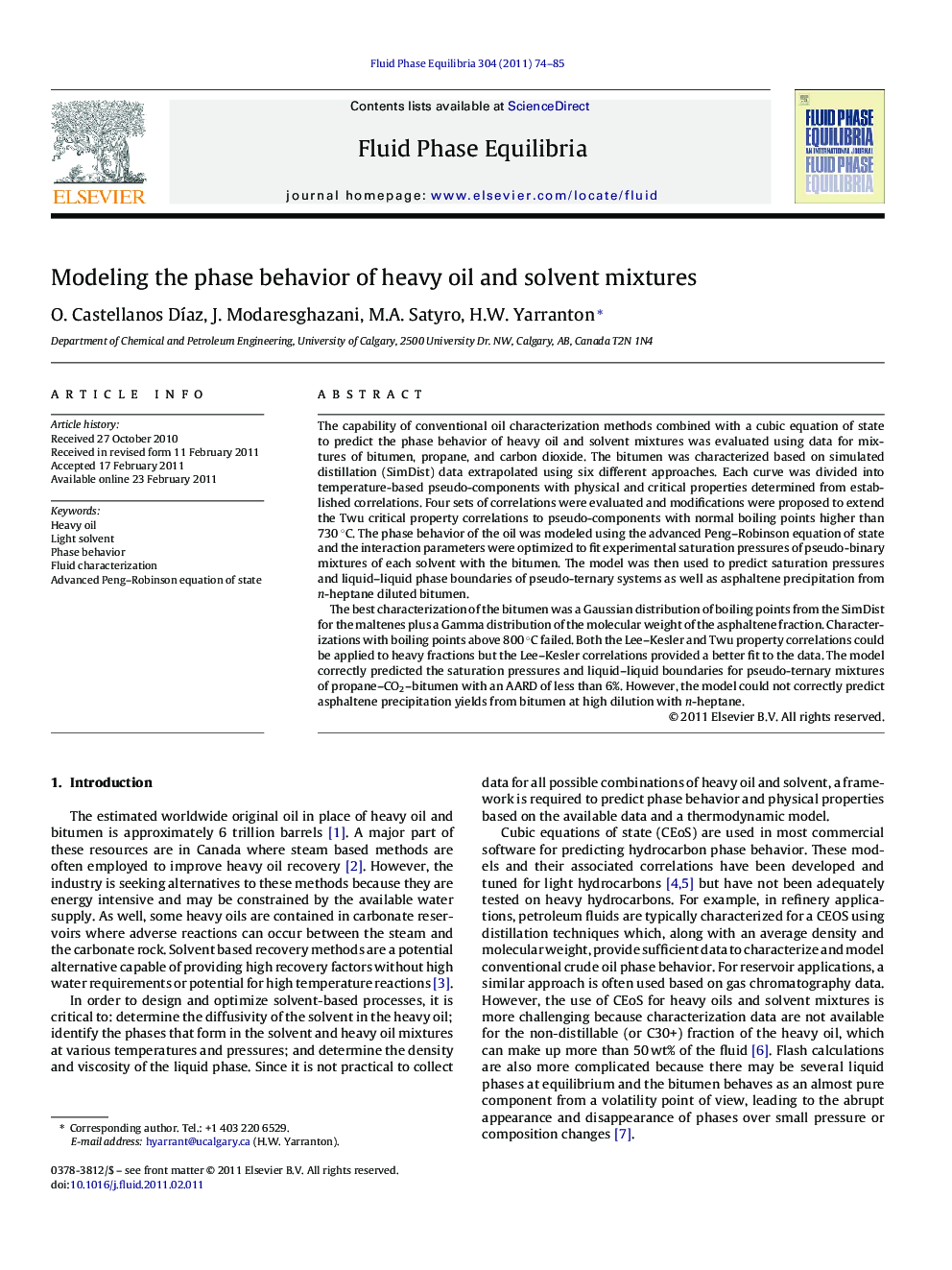 عکس صفحه اول مقاله: Modeling the phase behavior of heavy oil and solvent mixtures Modeling the phase behavior of heavy oil and solvent mixtures