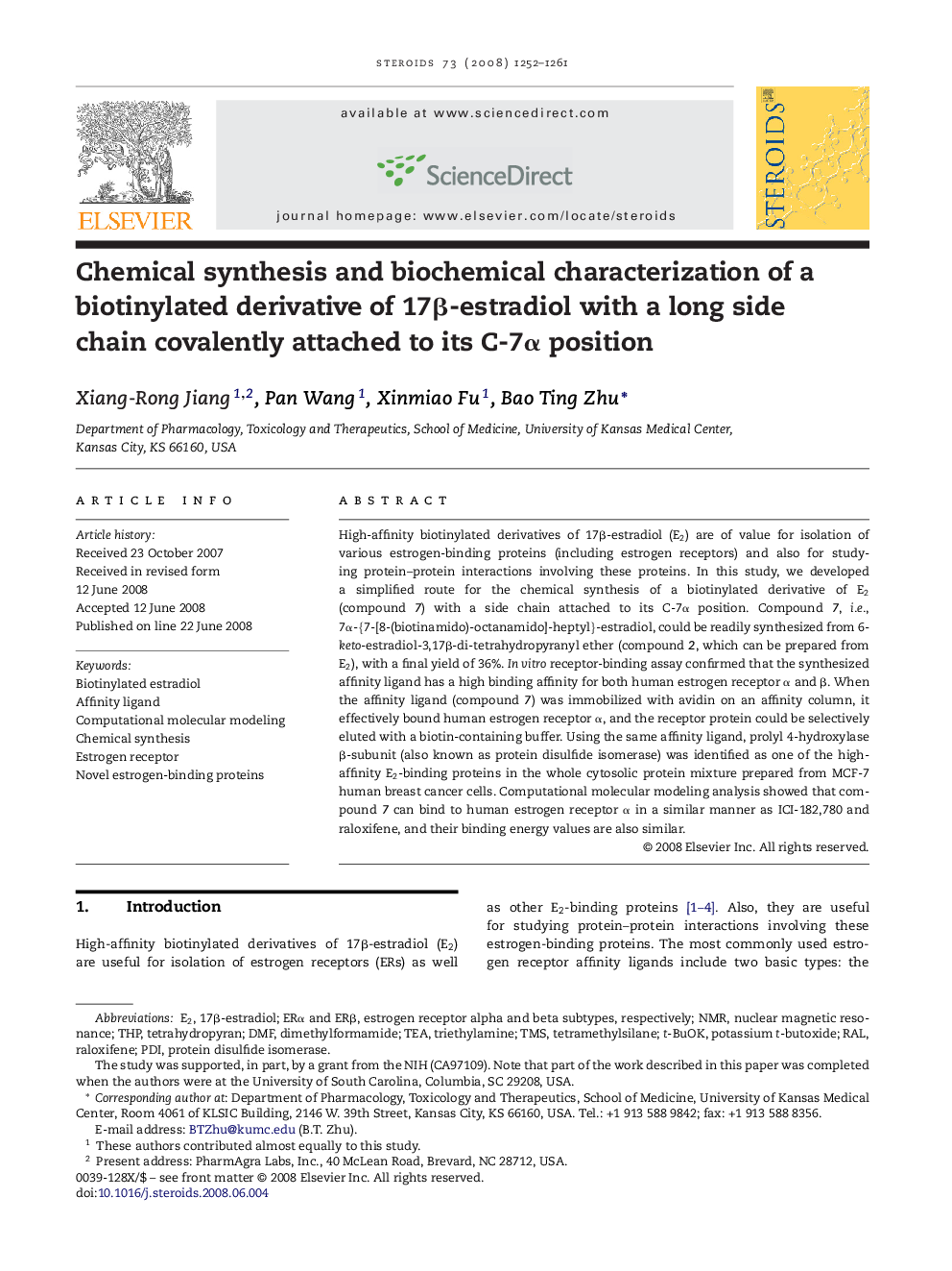 Chemical synthesis and biochemical characterization of a biotinylated derivative of 17β-estradiol with a long side chain covalently attached to its C-7α position 