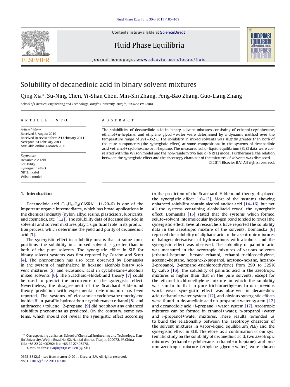 Solubility of decanedioic acid in binary solvent mixtures