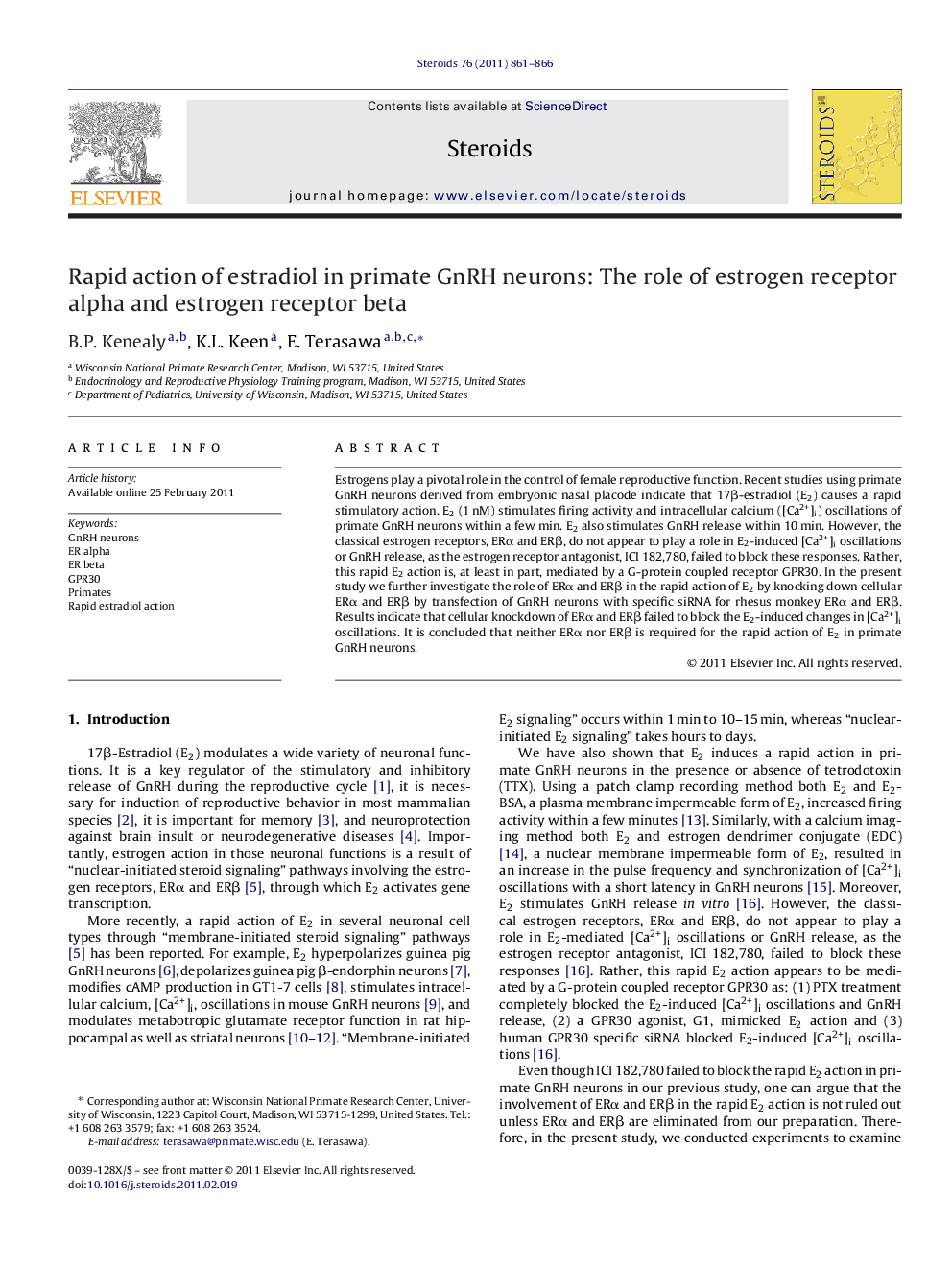 Rapid action of estradiol in primate GnRH neurons: The role of estrogen receptor alpha and estrogen receptor beta