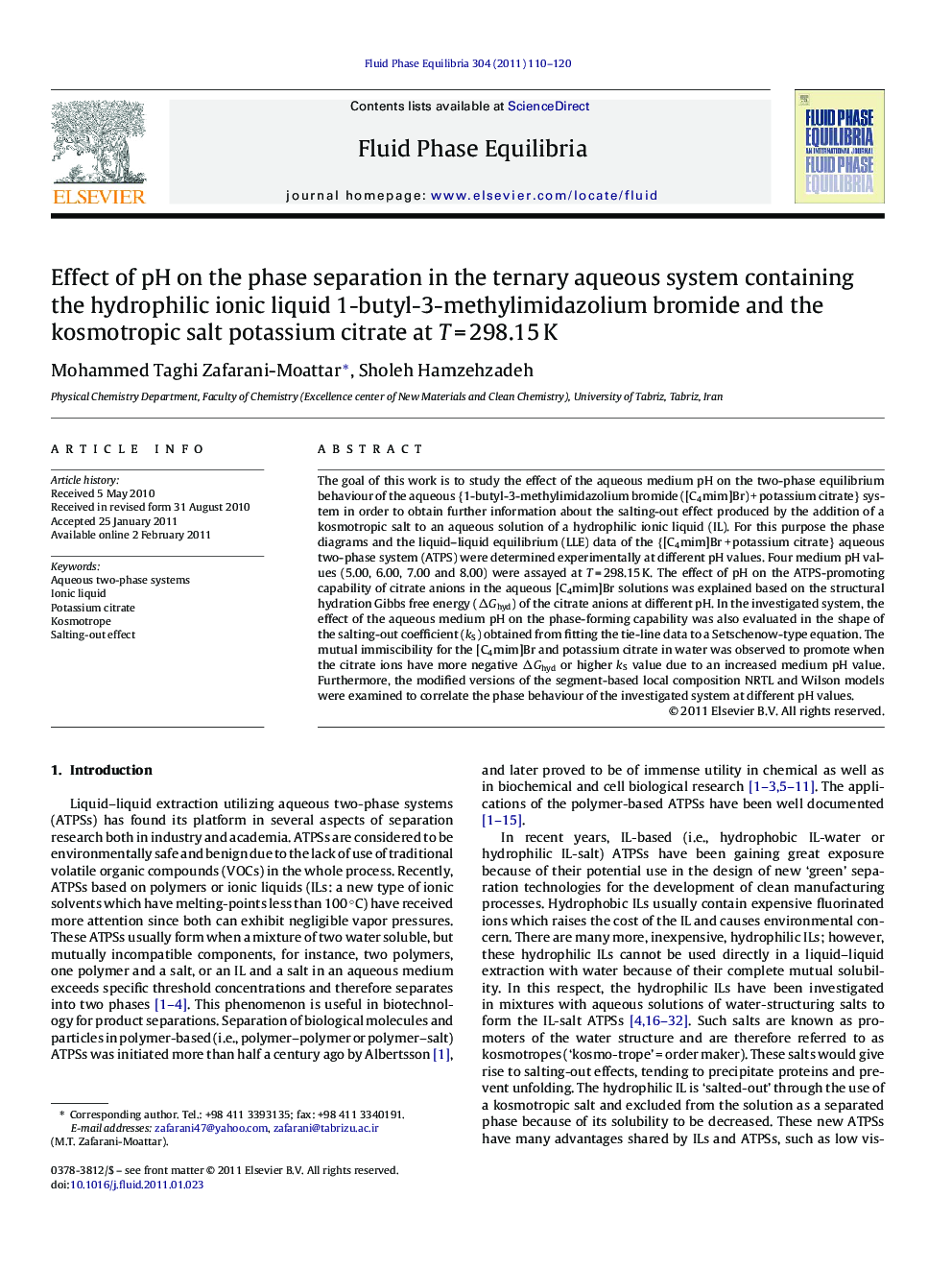 Effect of pH on the phase separation in the ternary aqueous system containing the hydrophilic ionic liquid 1-butyl-3-methylimidazolium bromide and the kosmotropic salt potassium citrate at T = 298.15 K