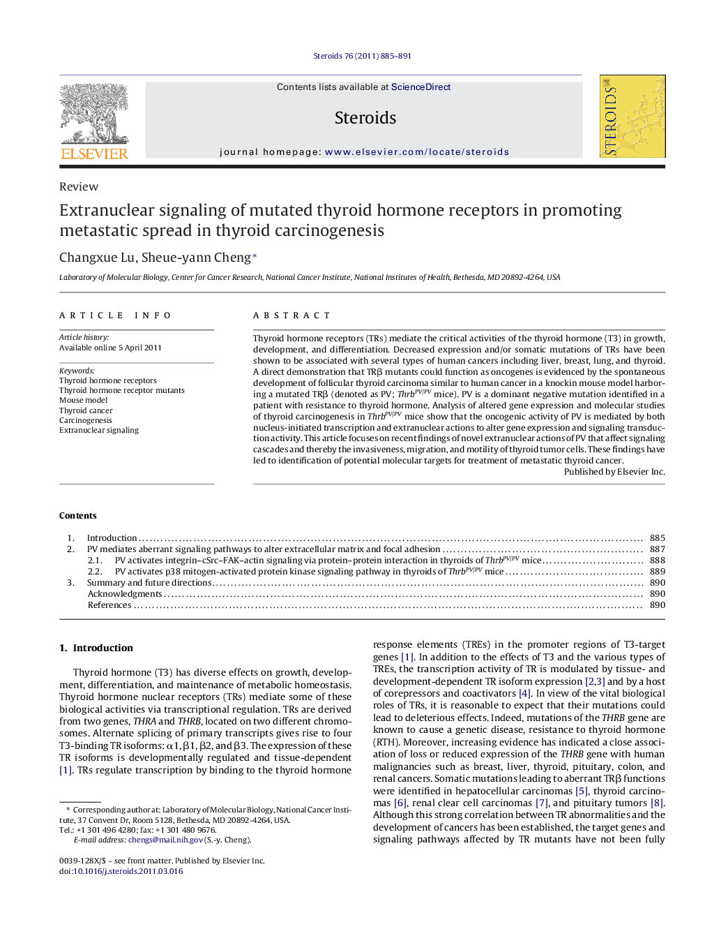 Extranuclear signaling of mutated thyroid hormone receptors in promoting metastatic spread in thyroid carcinogenesis