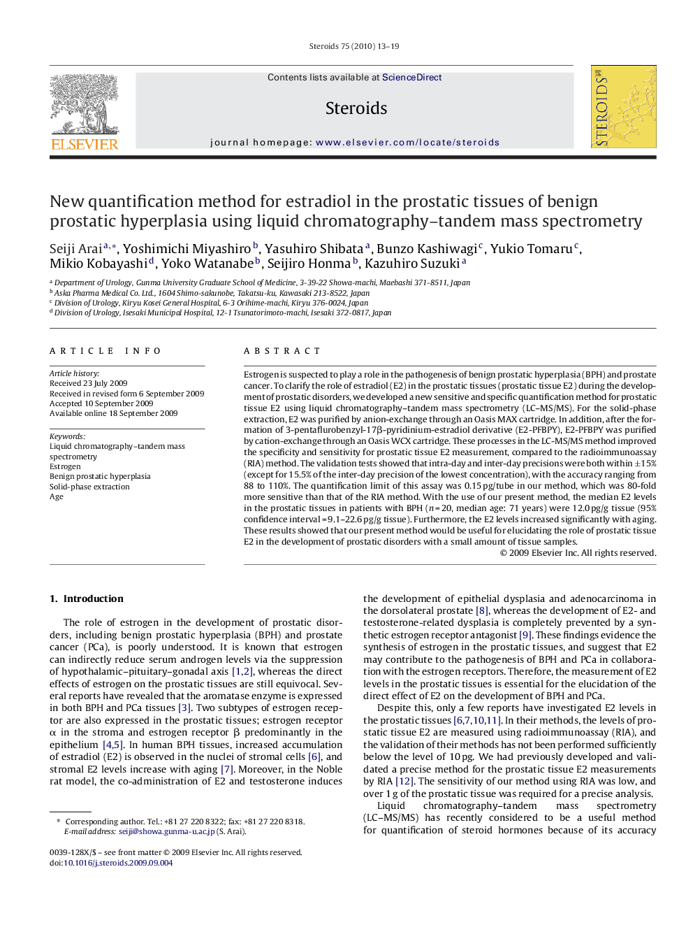 New quantification method for estradiol in the prostatic tissues of benign prostatic hyperplasia using liquid chromatography–tandem mass spectrometry