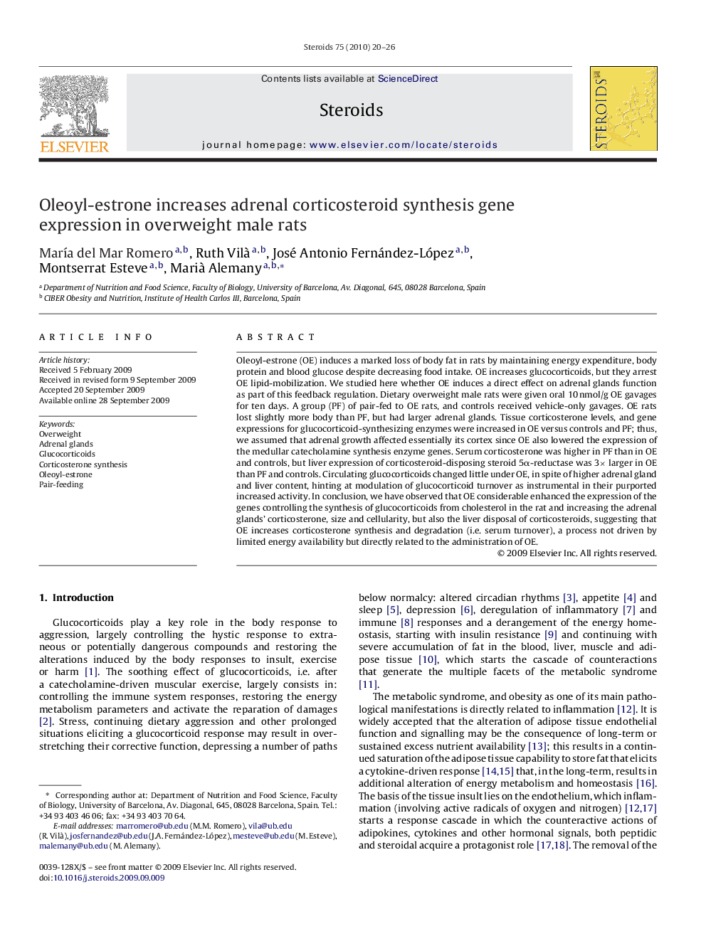 Oleoyl-estrone increases adrenal corticosteroid synthesis gene expression in overweight male rats