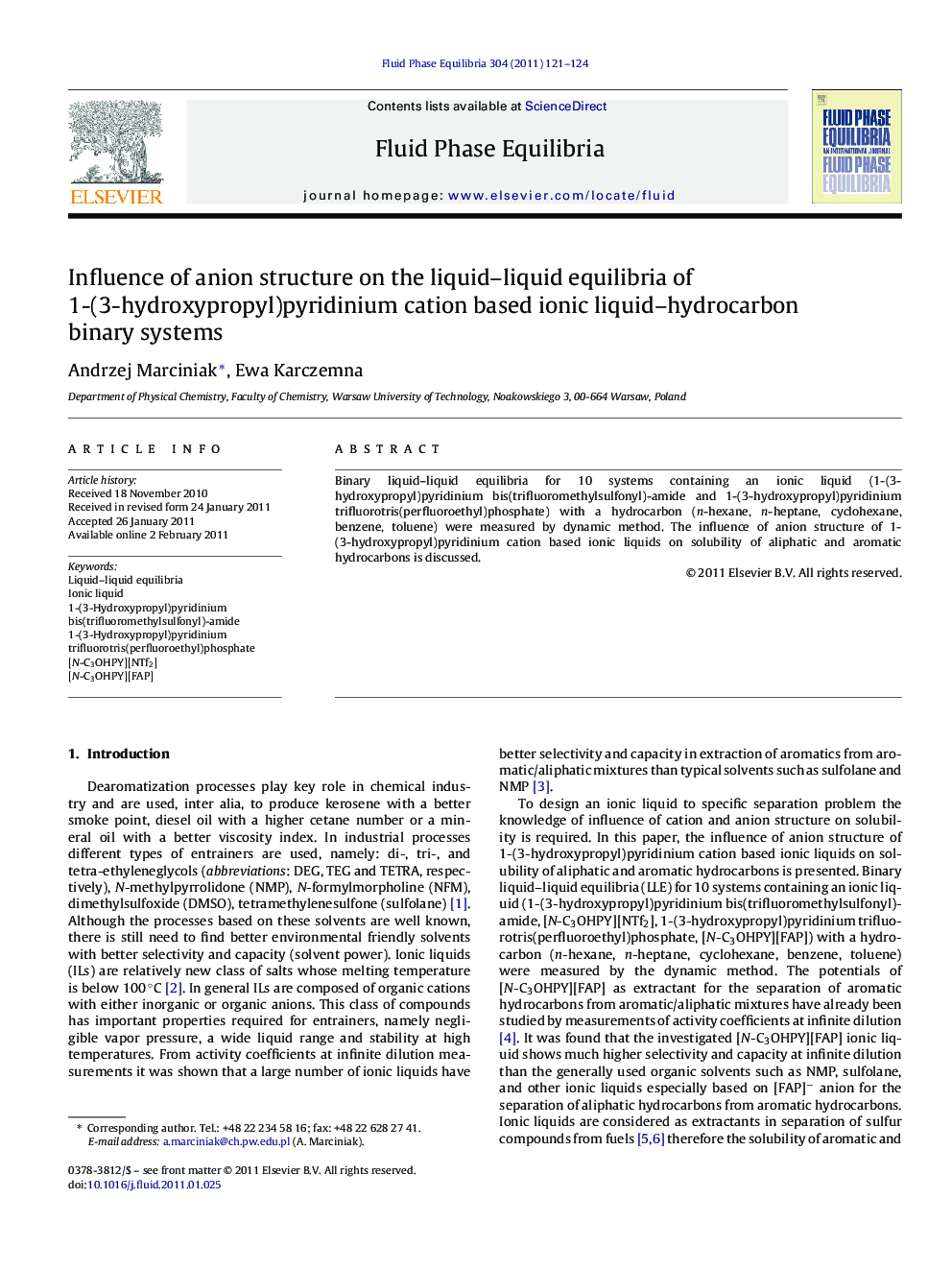 Influence of anion structure on the liquid–liquid equilibria of 1-(3-hydroxypropyl)pyridinium cation based ionic liquid–hydrocarbon binary systems