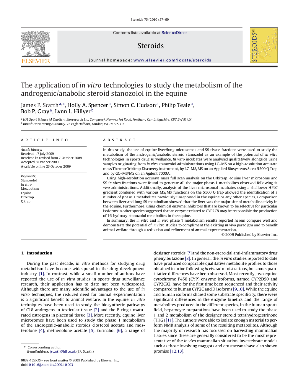 The application of in vitro technologies to study the metabolism of the androgenic/anabolic steroid stanozolol in the equine