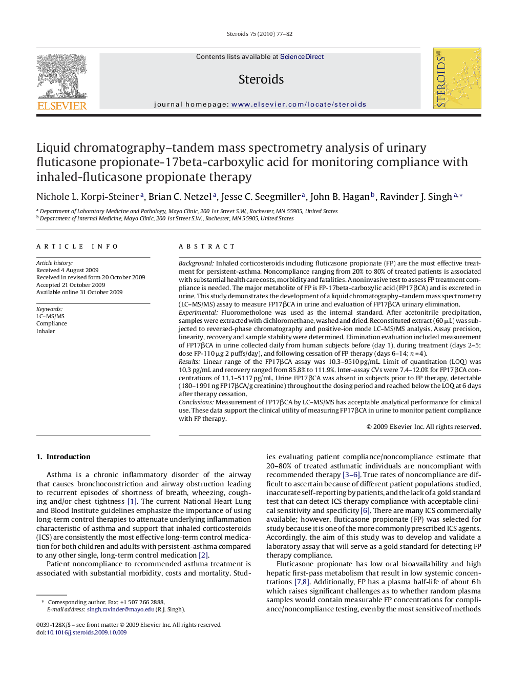 Liquid chromatography–tandem mass spectrometry analysis of urinary fluticasone propionate-17beta-carboxylic acid for monitoring compliance with inhaled-fluticasone propionate therapy