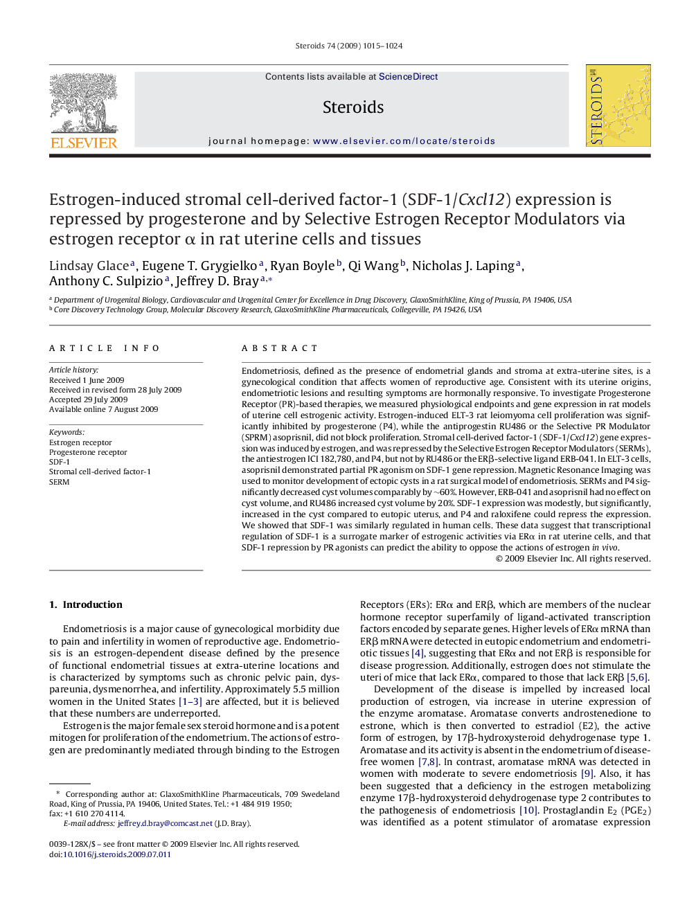 Estrogen-induced stromal cell-derived factor-1 (SDF-1/Cxcl12) expression is repressed by progesterone and by Selective Estrogen Receptor Modulators via estrogen receptor α in rat uterine cells and tissues