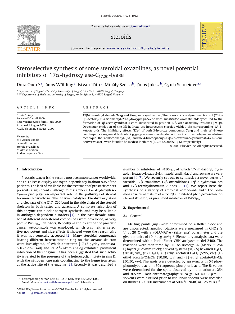 Steroselective synthesis of some steroidal oxazolines, as novel potential inhibitors of 17Î±-hydroxylase-C17,20-lyase