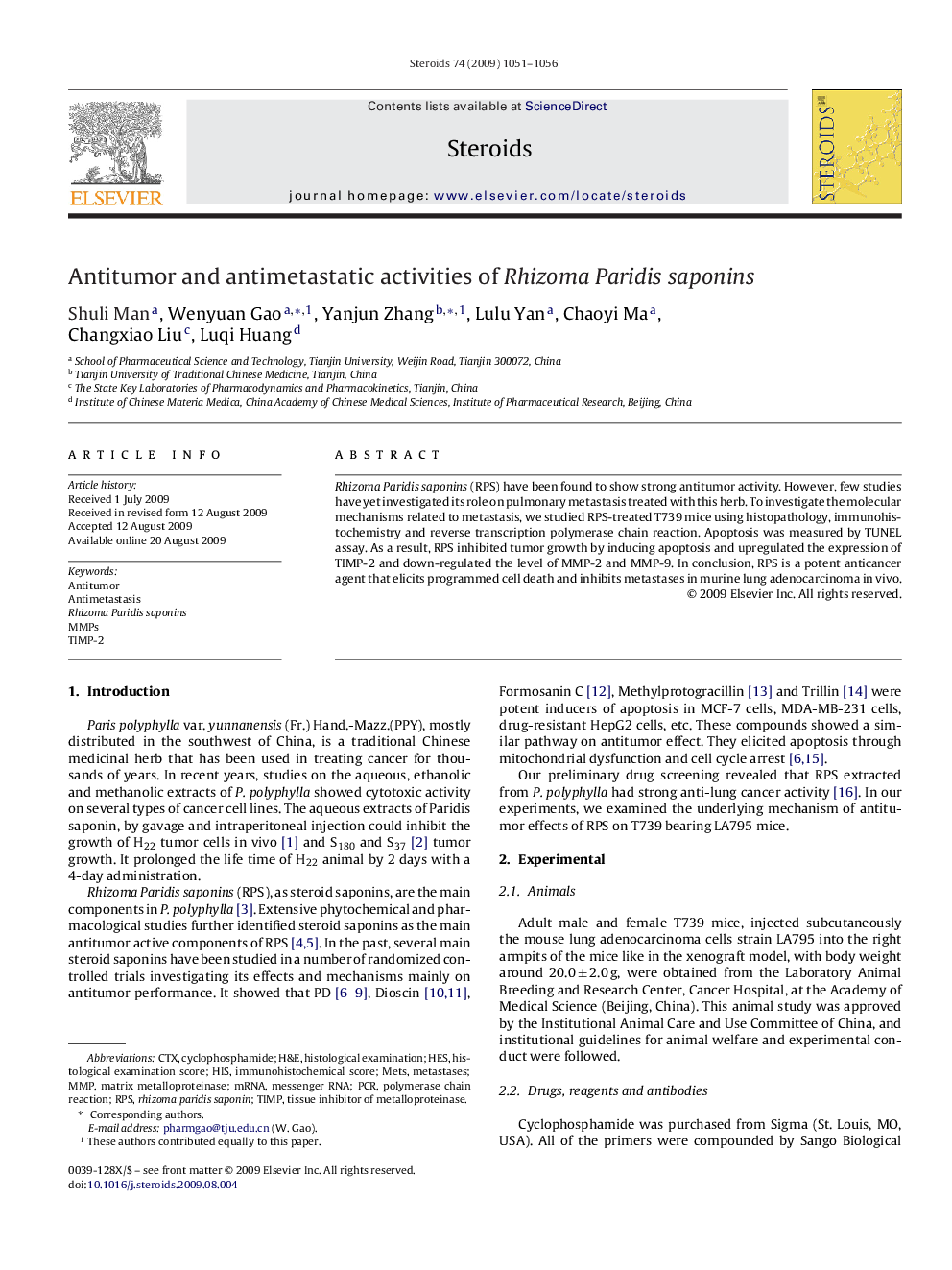 Antitumor and antimetastatic activities of Rhizoma Paridis saponins