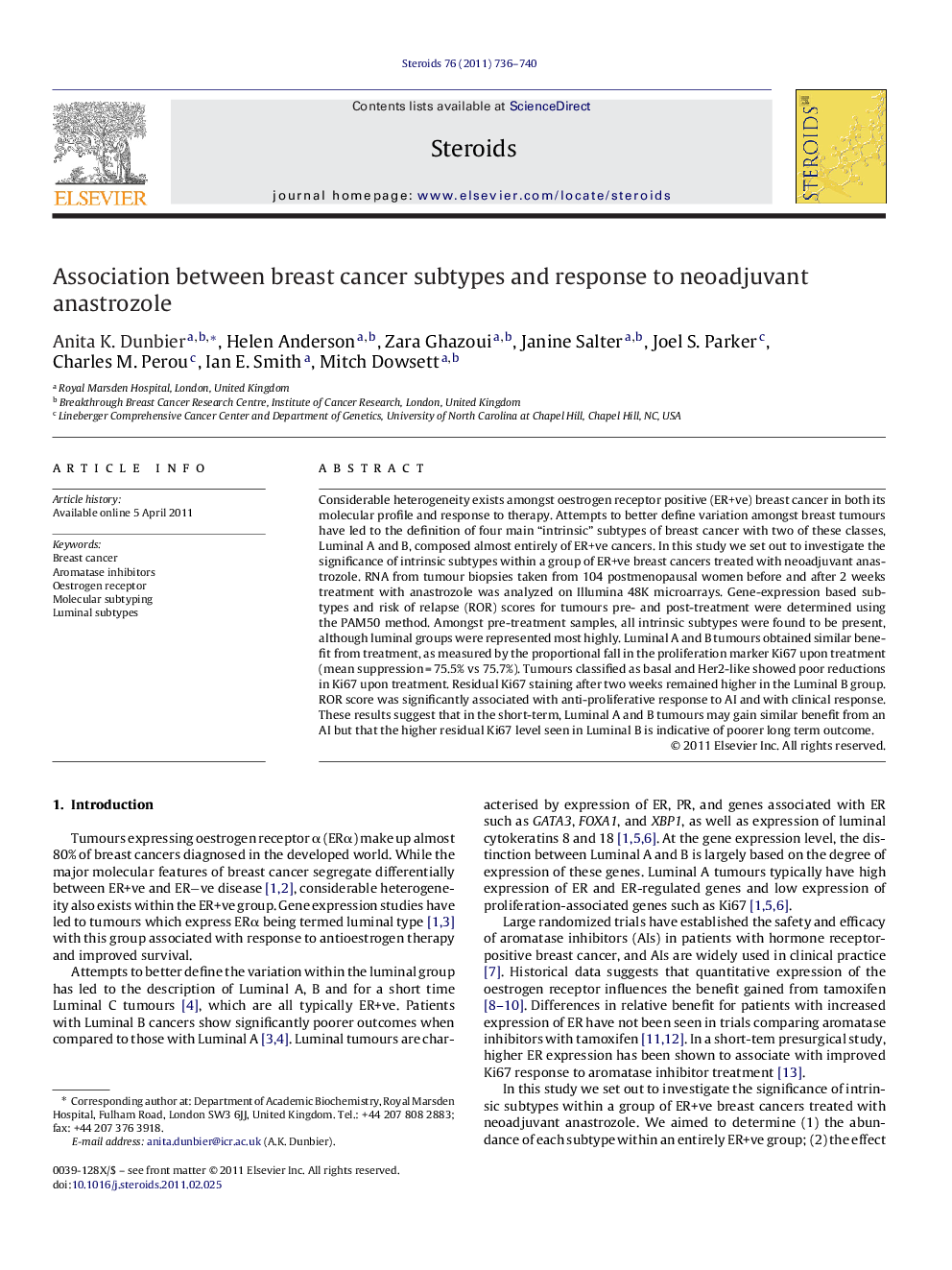 Association between breast cancer subtypes and response to neoadjuvant anastrozole