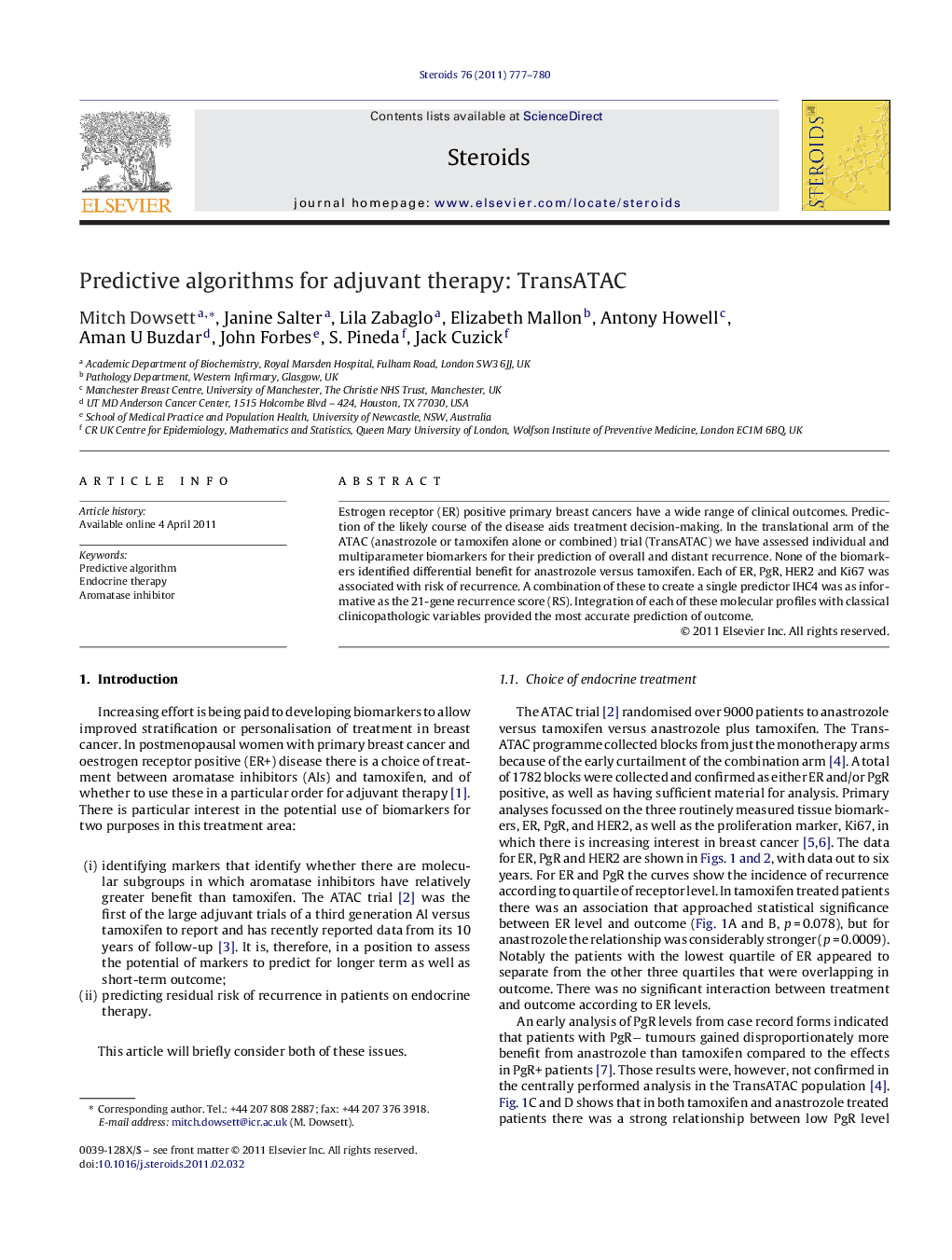 Predictive algorithms for adjuvant therapy: TransATAC