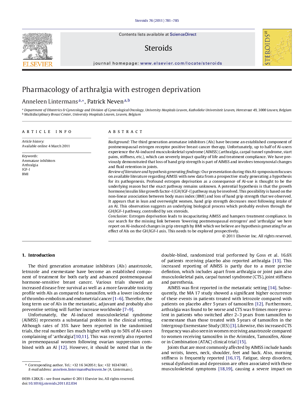 عکس صفحه اول مقاله: Pharmacology of arthralgia with estrogen deprivation Pharmacology of arthralgia with estrogen deprivation