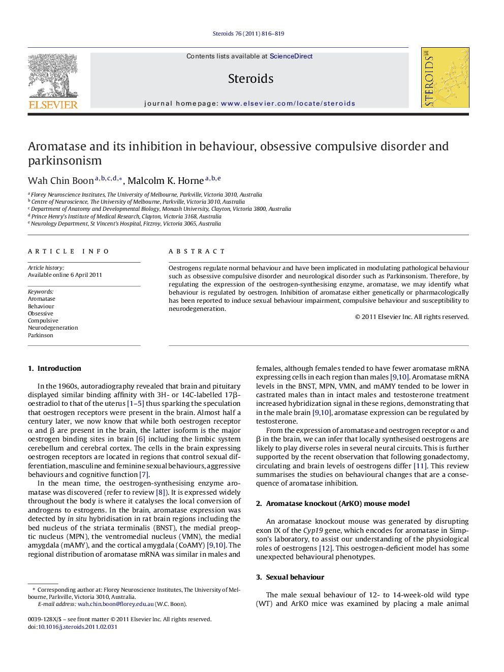 Aromatase and its inhibition in behaviour, obsessive compulsive disorder and parkinsonism