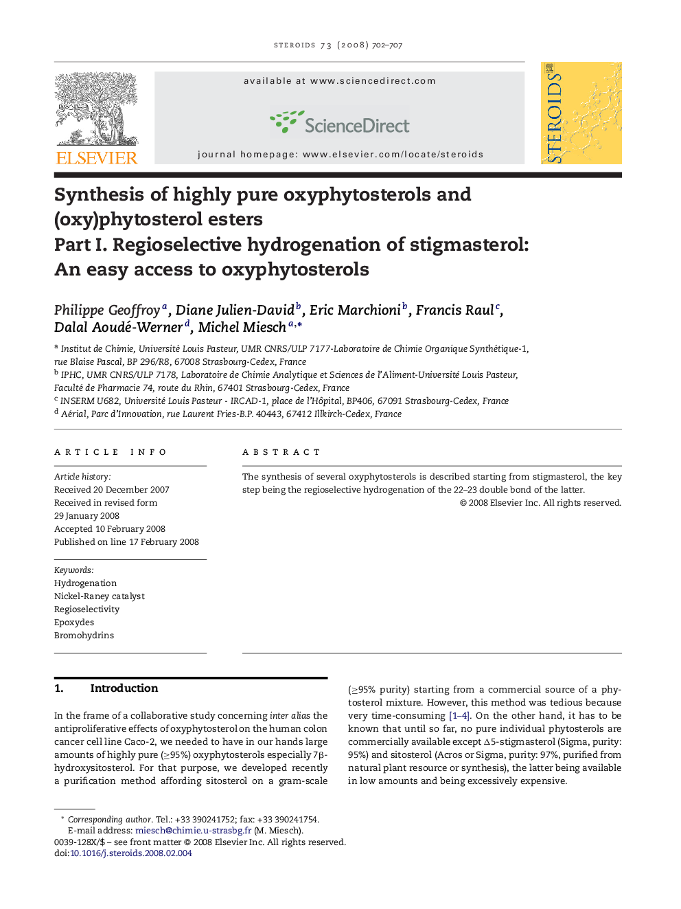 Synthesis of highly pure oxyphytosterols and (oxy)phytosterol esters: Part I. Regioselective hydrogenation of stigmasterol: An easy access to oxyphytosterols