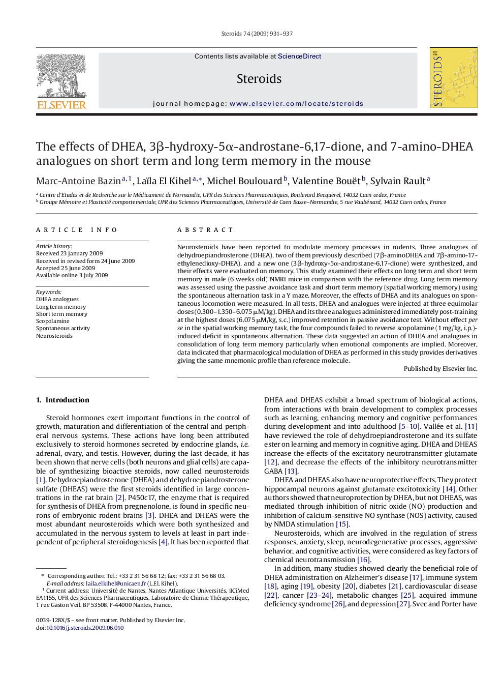 The effects of DHEA, 3β-hydroxy-5α-androstane-6,17-dione, and 7-amino-DHEA analogues on short term and long term memory in the mouse