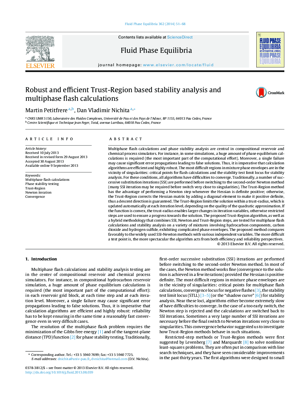 Robust and efficient Trust-Region based stability analysis and multiphase flash calculations