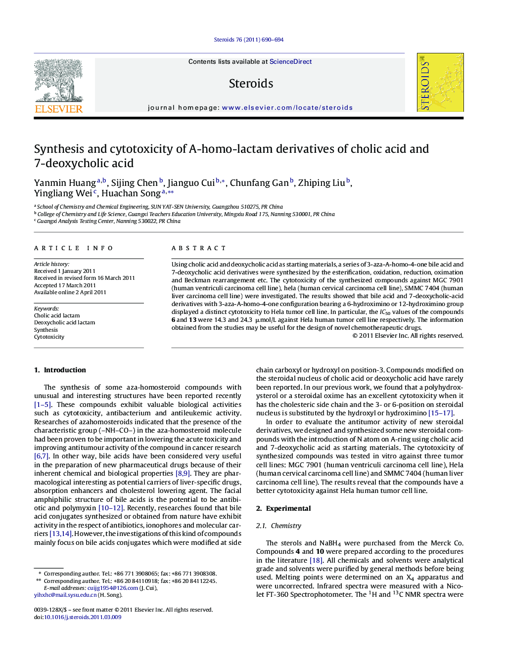 Synthesis and cytotoxicity of A-homo-lactam derivatives of cholic acid and 7-deoxycholic acid